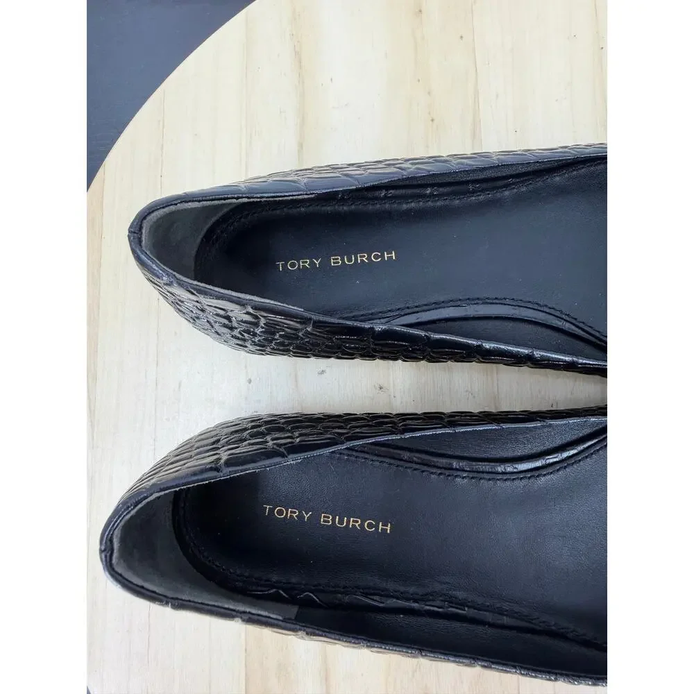 Tory Burch Georgia Ballet Flats 8M Black Croc Embossed Leather Logo Square Toe